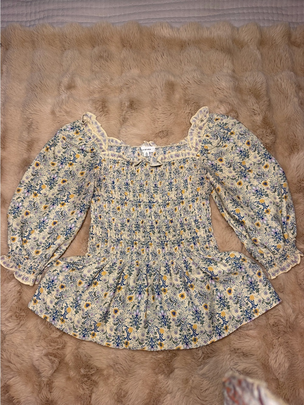 Max Studio Cream Floral Smocked Peplum Top with Yellow and Blue Accents